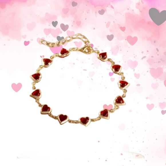 Gold Red Heart Resin Link Bracelet Adjustable Hearts - Picture 4 of 9